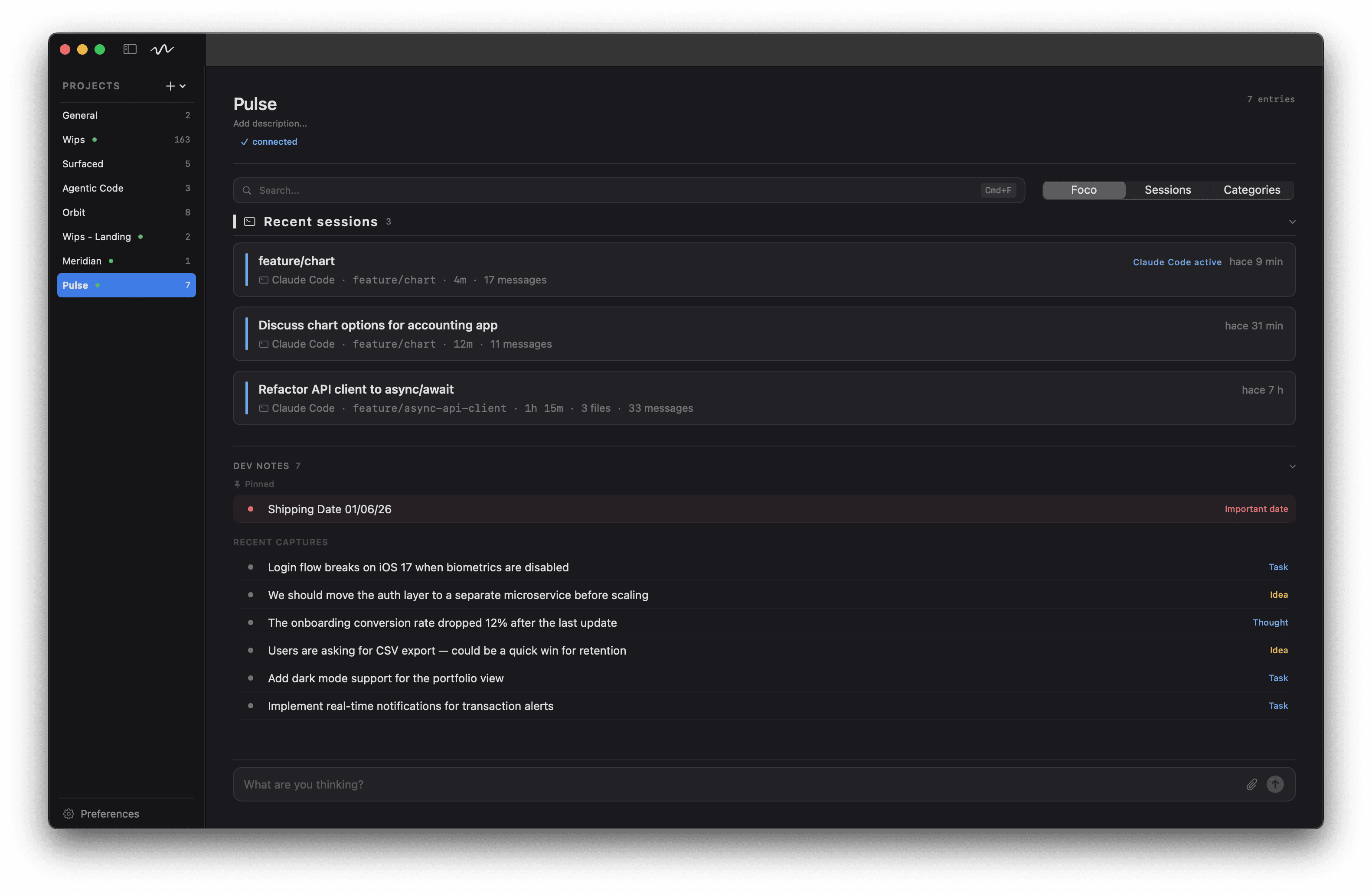 Wips app — project view with grouped entries